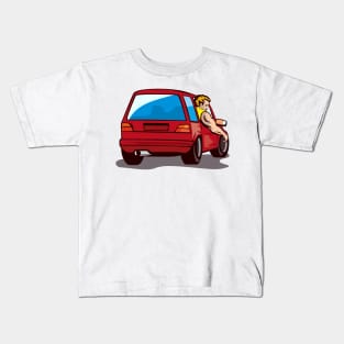 Red Hatchback Car with Man Kids T-Shirt